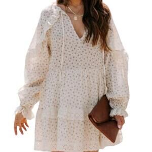 Babydoll Mini Cotton Summer Dress Cottage Core Boho Ruffle Cuff Tiered Flowy S